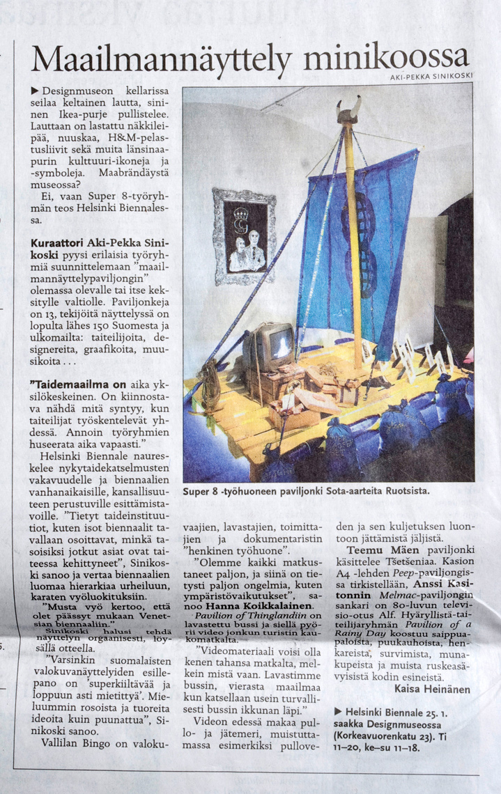 Helsingin Sanomat article about Helsinki Biennale curated and arranged by Aki-Pekka Sinikoski at Design Museum in Helsinki